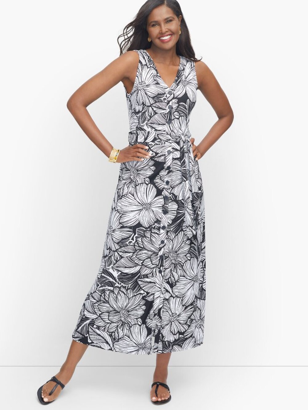 Talbots Knit Jersey Button Front Tropical Maxi Dress Size Small Black White